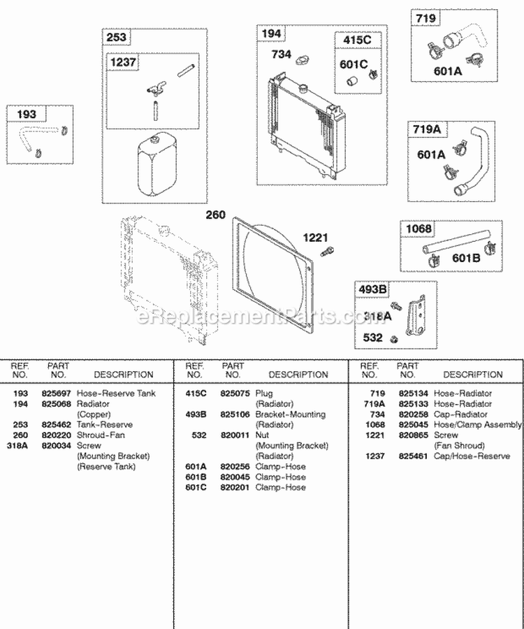 Radiator Hoses Shroud Diagram and Parts List for 583447-0217-E2  Briggs and Stratton Engine